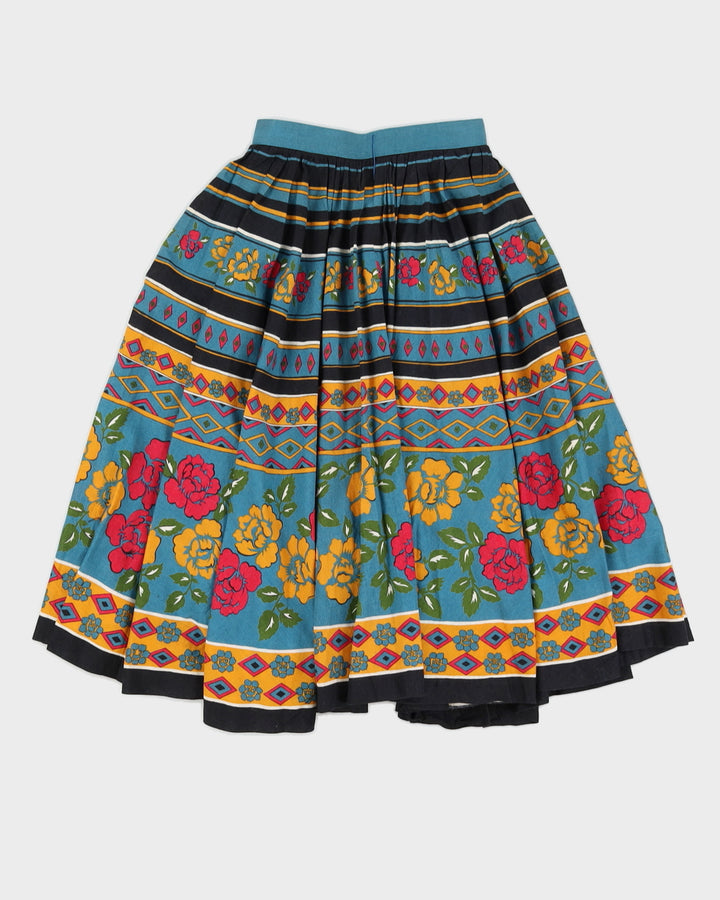 Blue Patterned Pleated Flared Skirt - XS