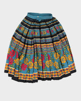 Blue Patterned Pleated Flared Skirt - XS