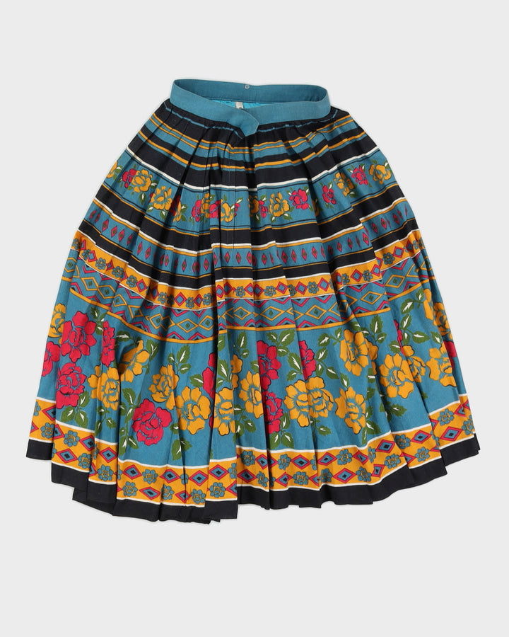 Blue Patterned Pleated Flared Skirt - XS
