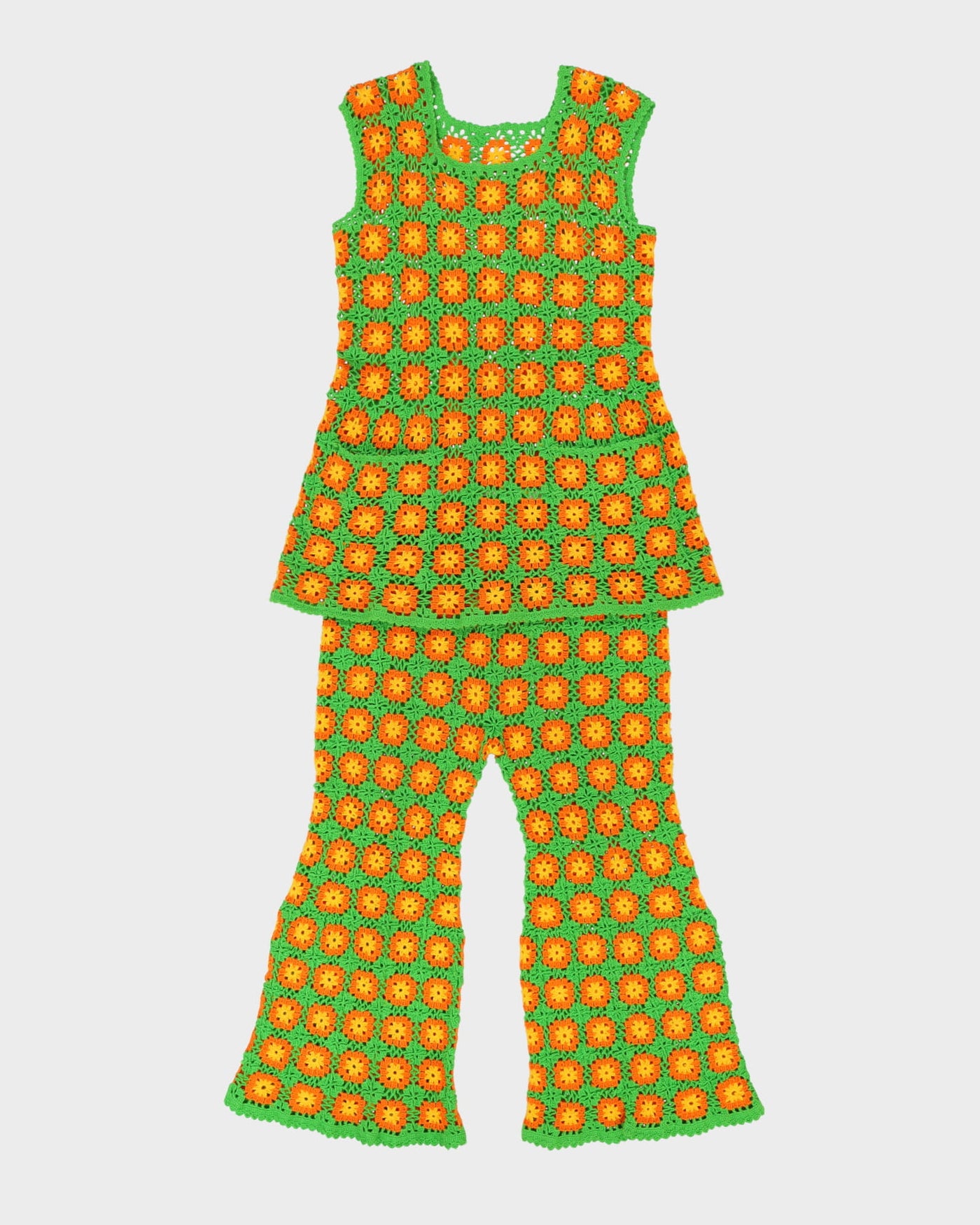 1970s Hand Crocheted Flared Trouser 2 Piece Set - S