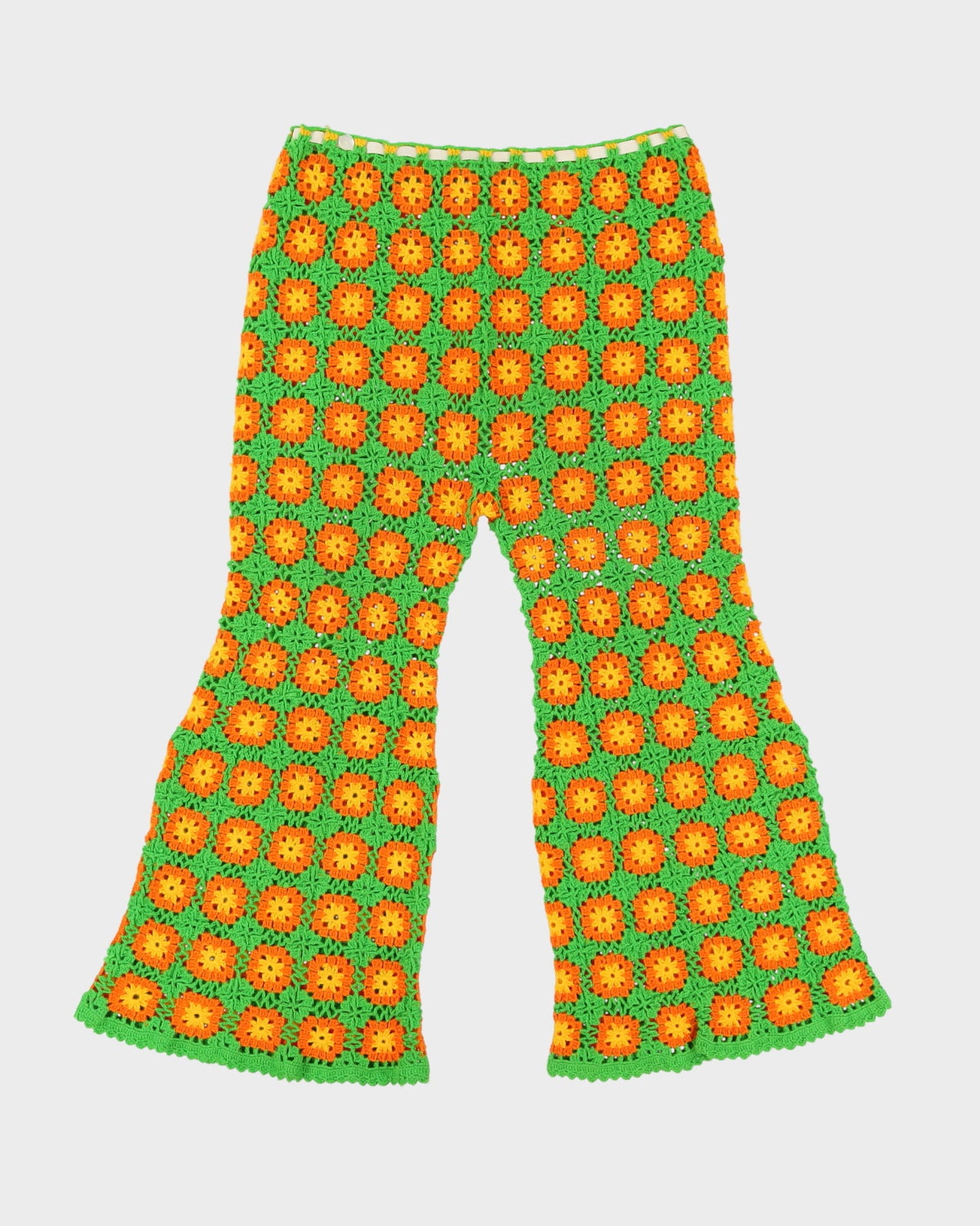 1970s Hand Crocheted Flared Trouser 2 Piece Set - S