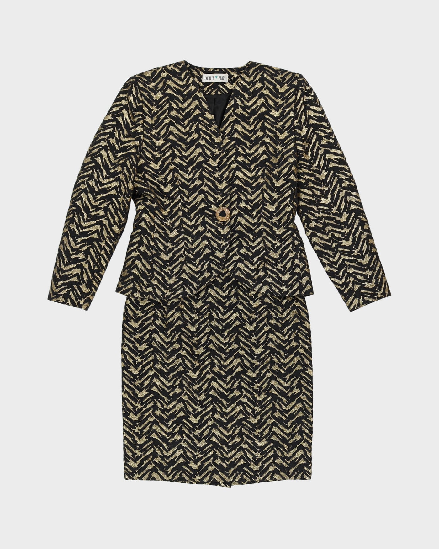 1990s Black And Gold 2 Piece Jacket And Skirt Set - S