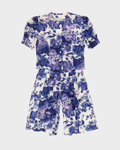 Vintage Blue Floral Patterned 2 Piece Shorts And Jacket Set - M