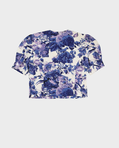 Vintage Blue Floral Patterned 2 Piece Shorts And Jacket Set - M