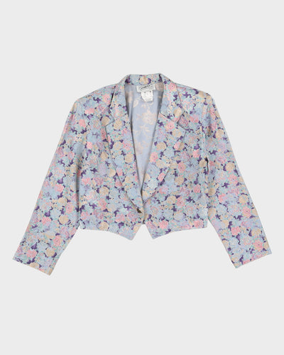 00s Blue Floral Patterned Jacket And Skirt Suit - S