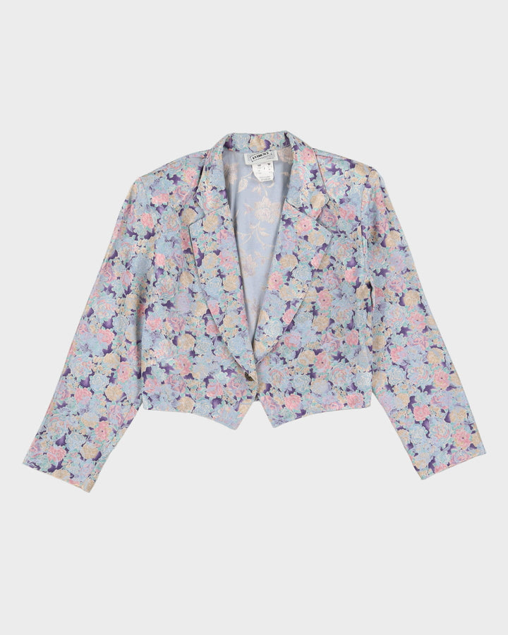 00s Blue Floral Patterned Jacket And Skirt Suit - S