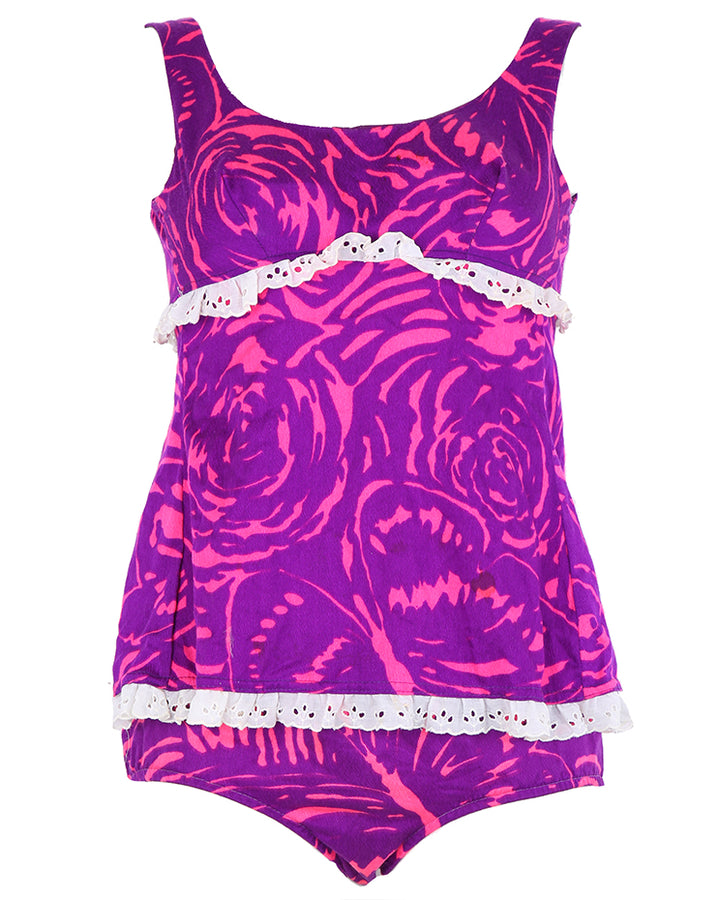 Vintage 60s Hawaiian Barkcloth Psychedelic Two Piece Swimming Costume - M