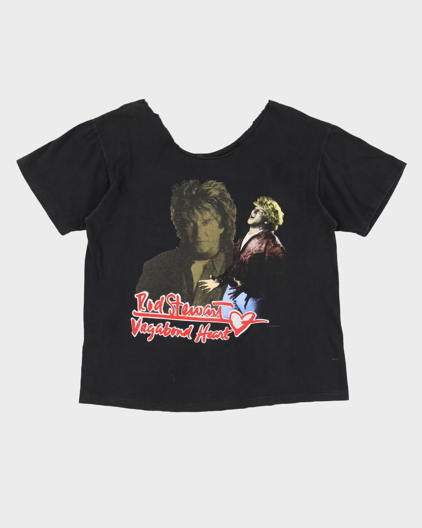 Vintage 1991 Rod Stewart Vagabond Heart Collarless / Off The Shoulder Black Graphic Band T-Shirt - XL / XXL