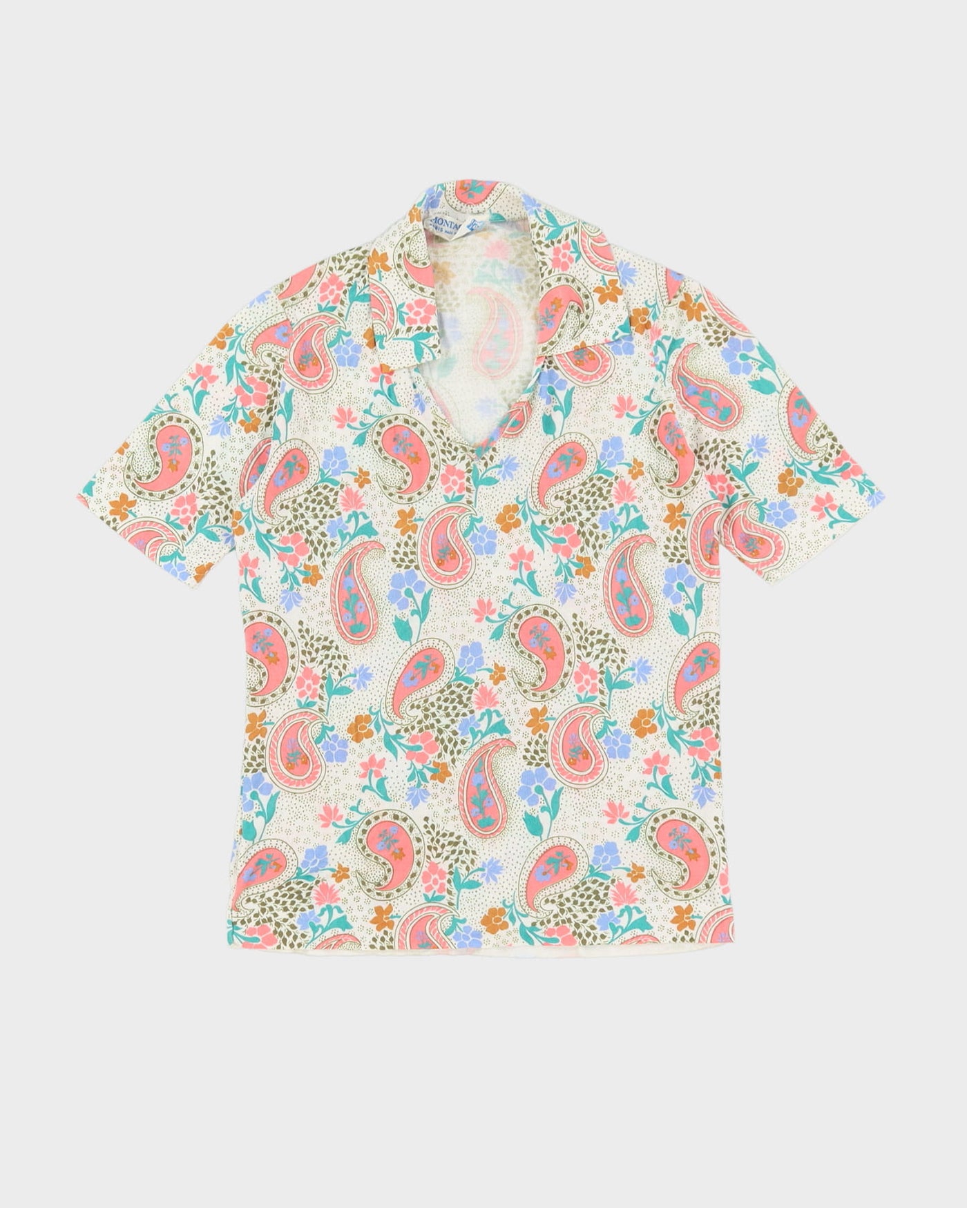 Vintage 70s White / Pink Paisley Patterned Polo Shirt - S