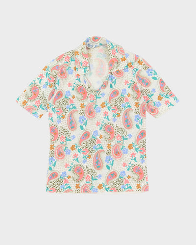 Vintage 70s White / Pink Paisley Patterned Polo Shirt - S
