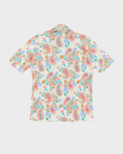 Vintage 70s White / Pink Paisley Patterned Polo Shirt - S