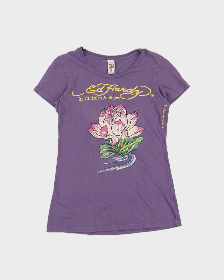 00s Y2K Ed Hardy Purple T-Shirt With Graphic - M