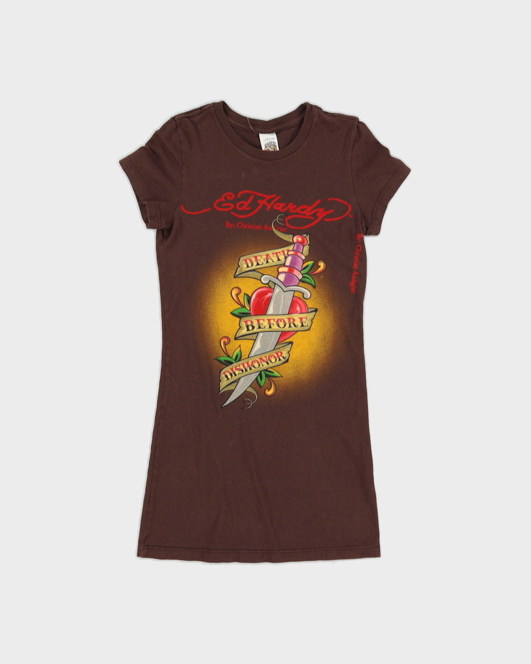 00s Y2K Ed Hardy Brown T-Shirt With Graphic - S