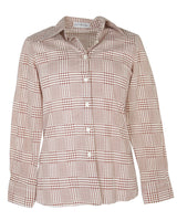 90s Does 70s Brown Houndstooth Dagger Collar Blouse - XS