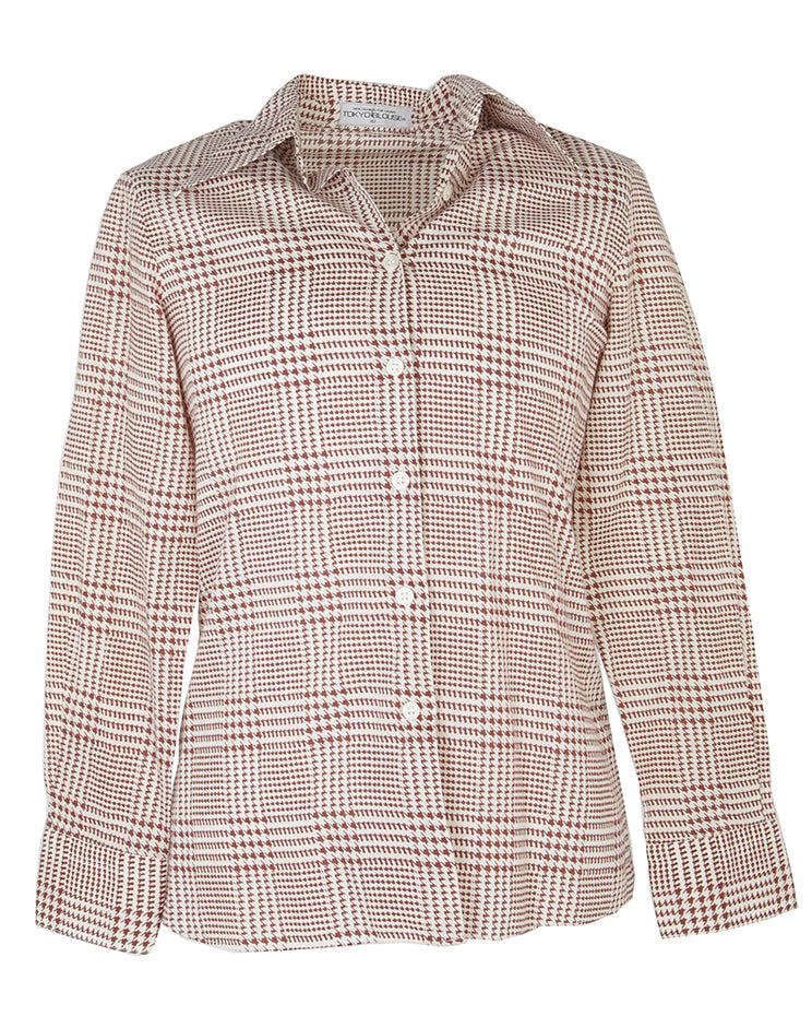 90s Does 70s Brown Houndstooth Dagger Collar Blouse - XS