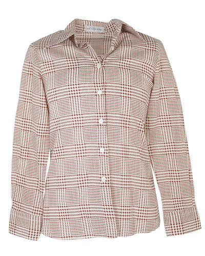 90s Does 70s Brown Houndstooth Dagger Collar Blouse - XS