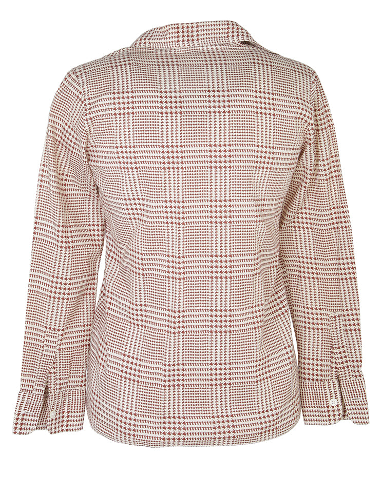90s Does 70s Brown Houndstooth Dagger Collar Blouse - XS