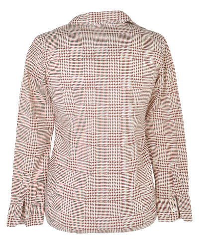 90s Does 70s Brown Houndstooth Dagger Collar Blouse - XS