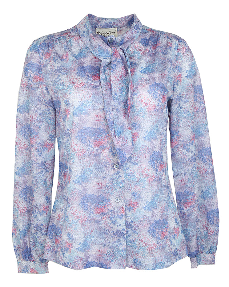 60s Pastel Printed Pussy Bow Blouse - M