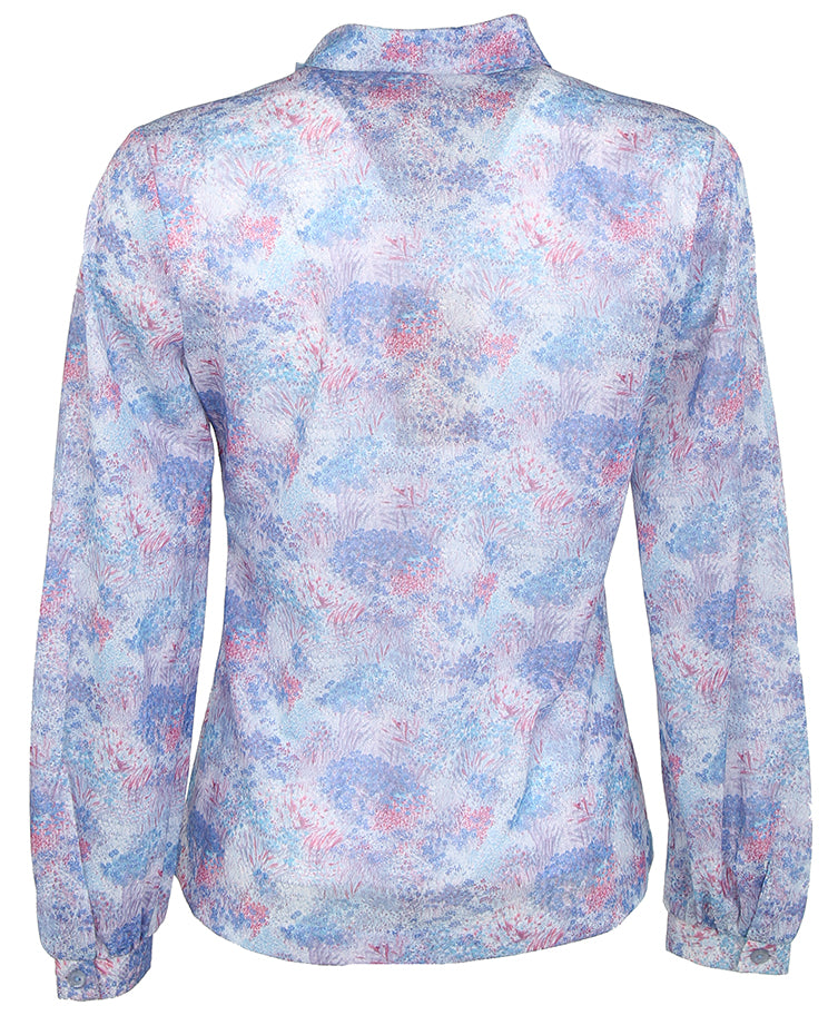 60s Pastel Printed Pussy Bow Blouse - M
