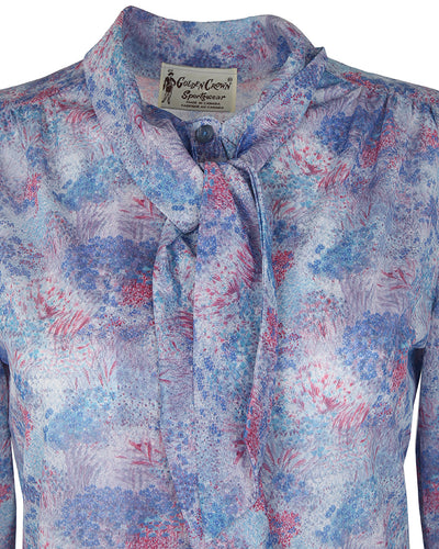 60s Pastel Printed Pussy Bow Blouse - M
