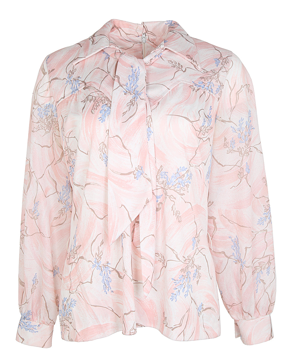 70s Pink Patterned Pussy Bow Blouse - M