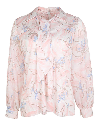 70s Pink Patterned Pussy Bow Blouse - M