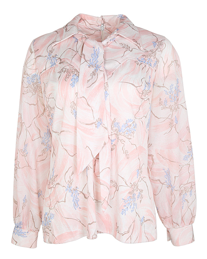 70s Pink Patterned Pussy Bow Blouse - M