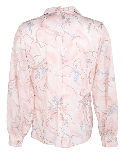 70s Pink Patterned Pussy Bow Blouse - M
