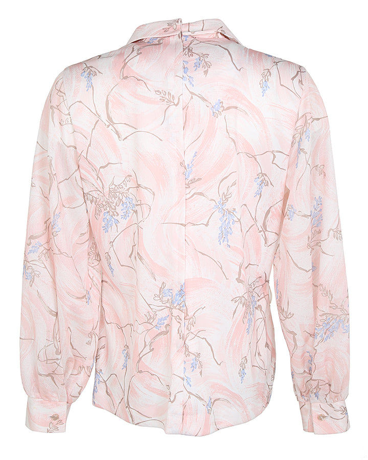 70s Pink Patterned Pussy Bow Blouse - M
