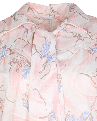 70s Pink Patterned Pussy Bow Blouse - M