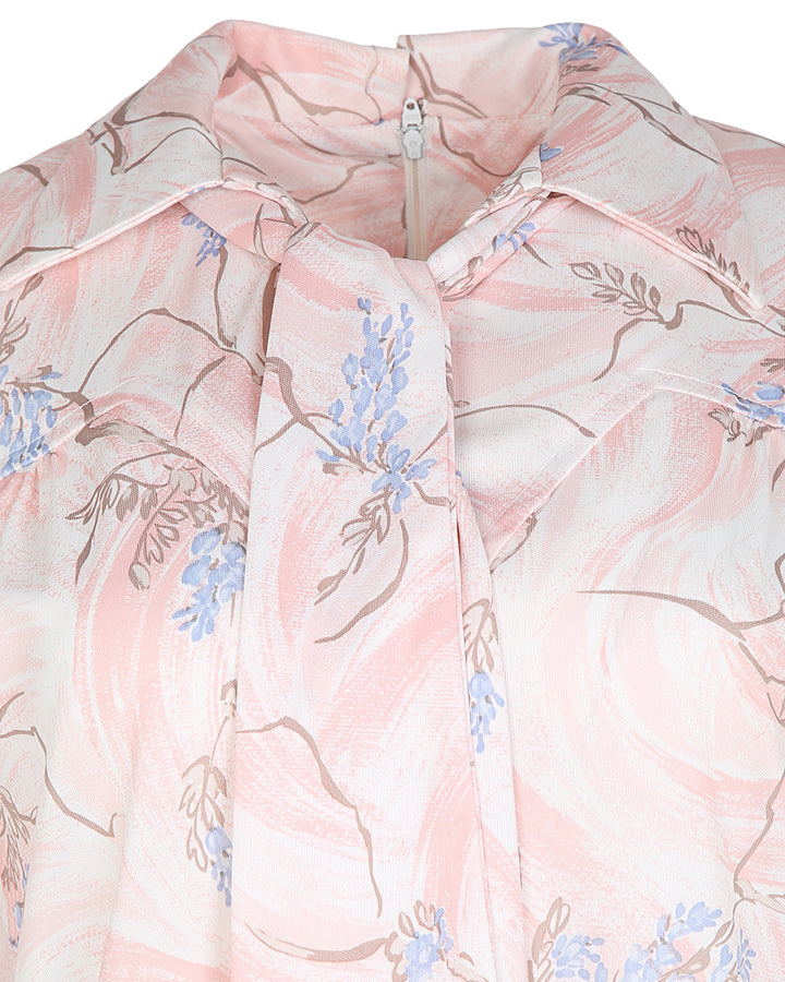 70s Pink Patterned Pussy Bow Blouse - M