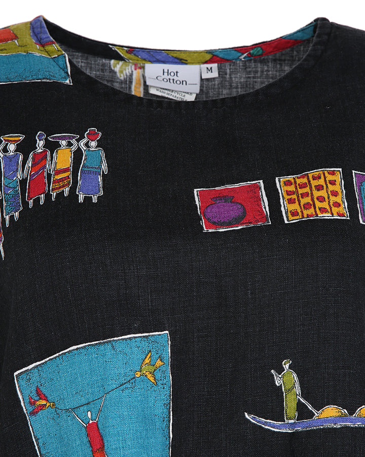 80s Black Linen Printed Palm Tree and Pots Top - L