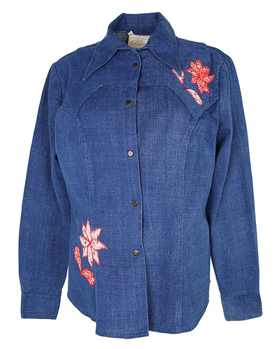 70s Lady Caravan Patchwork Applique Blue Denim Dagger Collar Shirt - L