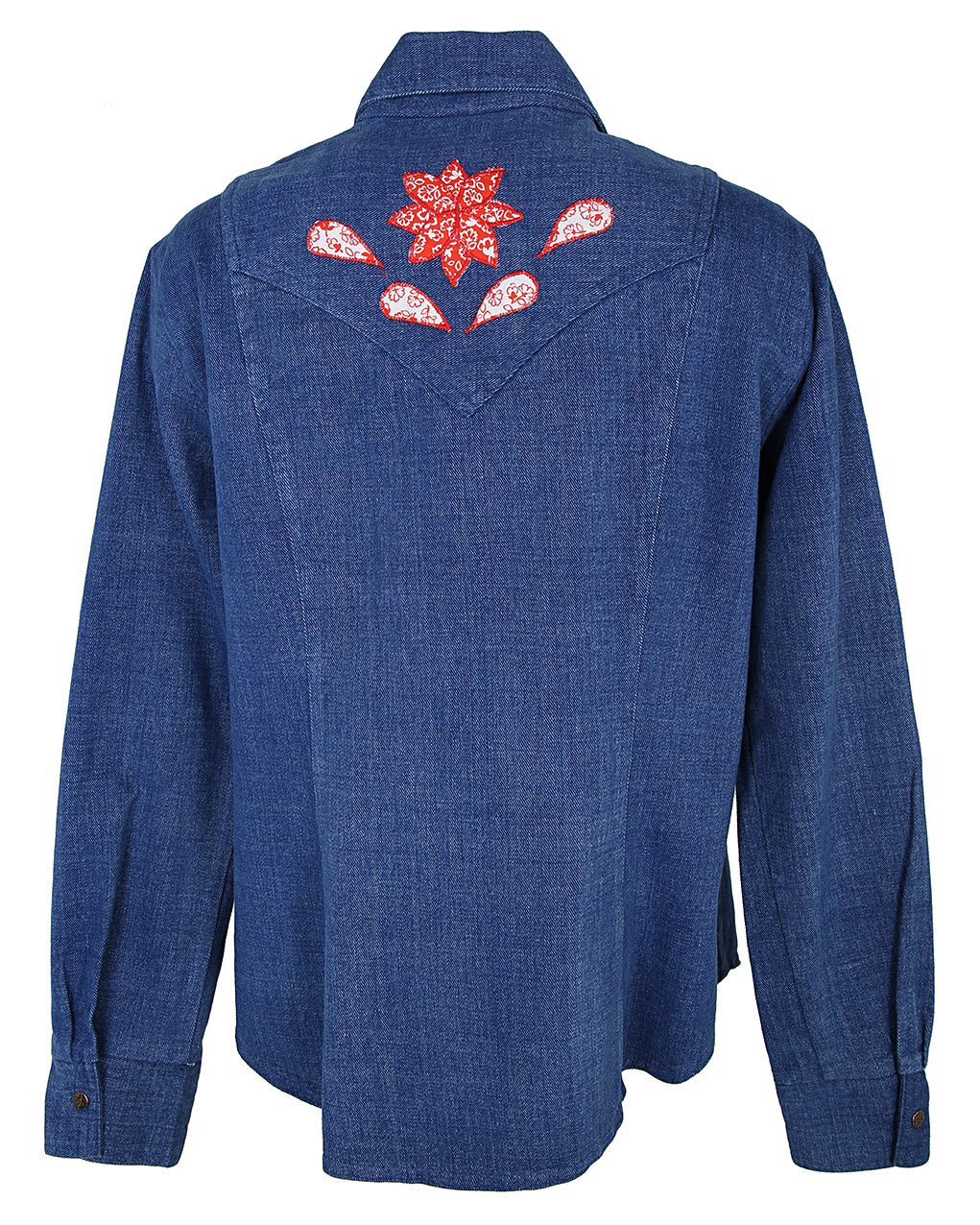 70s Lady Caravan Patchwork Applique Blue Denim Dagger Collar Shirt - L