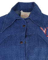 70s Lady Caravan Patchwork Applique Blue Denim Dagger Collar Shirt - L