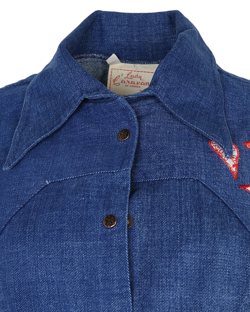 70s Lady Caravan Patchwork Applique Blue Denim Dagger Collar Shirt - L