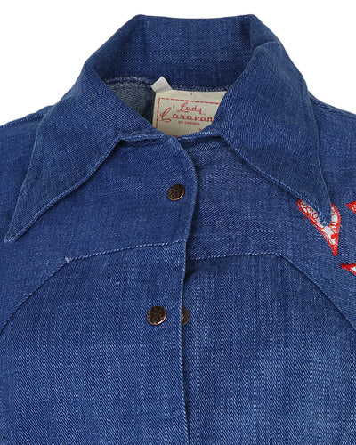 70s Lady Caravan Patchwork Applique Blue Denim Dagger Collar Shirt - L