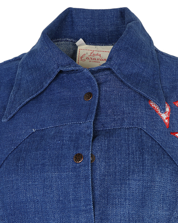 70s Lady Caravan Patchwork Applique Blue Denim Dagger Collar Shirt - L