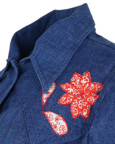 70s Lady Caravan Patchwork Applique Blue Denim Dagger Collar Shirt - L