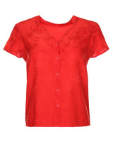 Red Jacquard Bamboo Patterned Short Sleeve Blouse - S
