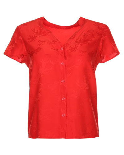 Red Jacquard Bamboo Patterned Short Sleeve Blouse - S