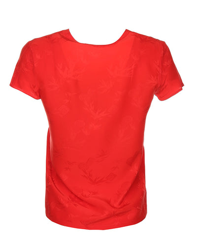 Red Jacquard Bamboo Patterned Short Sleeve Blouse - S