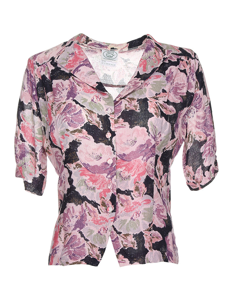 1980's Laura Ashley Patterned Short Sleeve Blouse - S