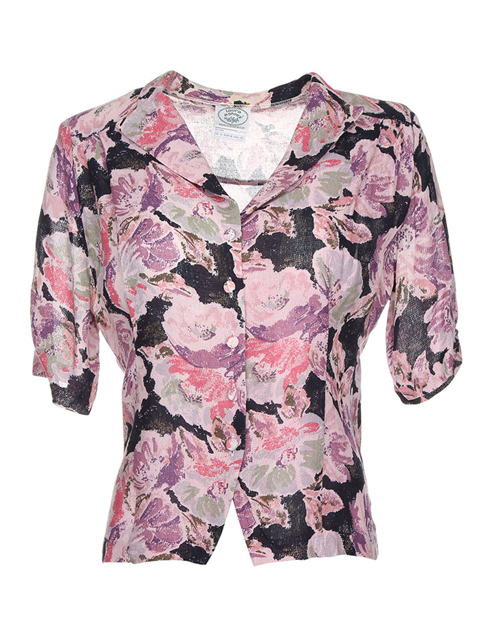 1980's Laura Ashley Patterned Short Sleeve Blouse - S