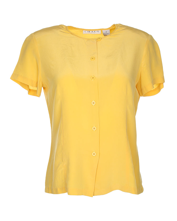 Yellow Silk Short Sleeve Blouse - S