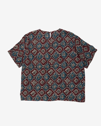 Burgundy patterned silk sleeve blouse - M