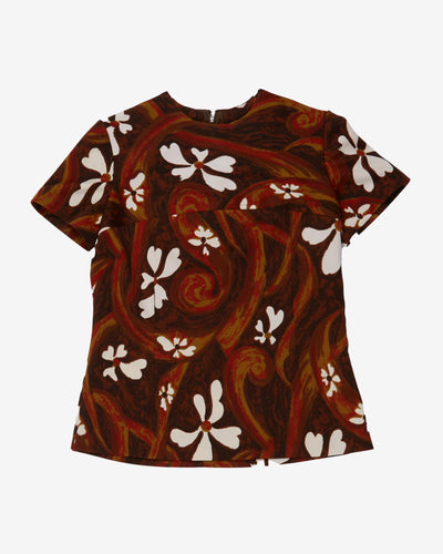 1970's brown and white floral top - S