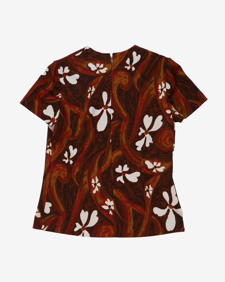 1970's brown and white floral top - S