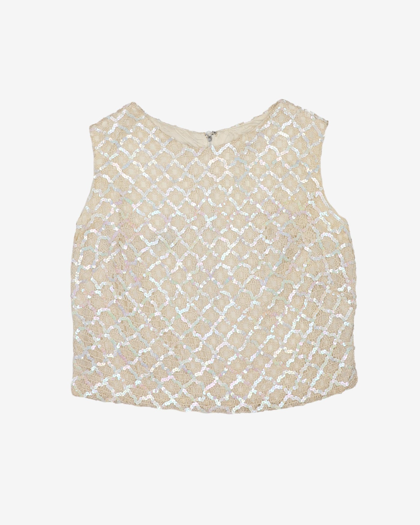 1960s Cream Sequinned Sleeveless Top - S